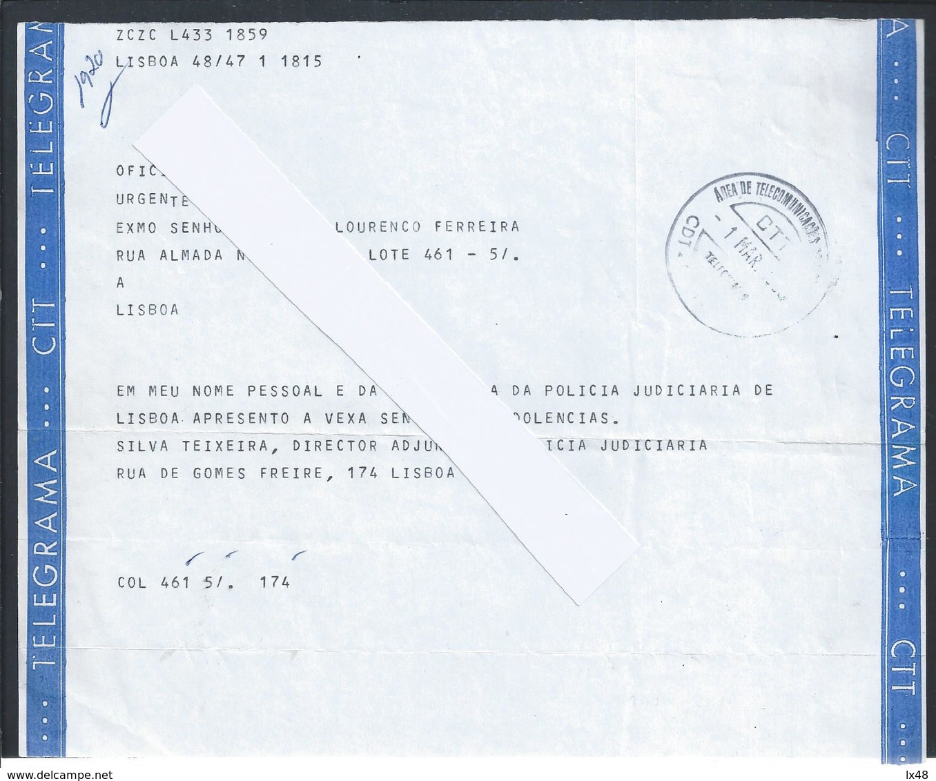 Telegrama Oficial Com Obliteração Da Area De Telecomunicações Dos CTT. CDT. Telegramas. Rara Obliteração. - Covers & Documents