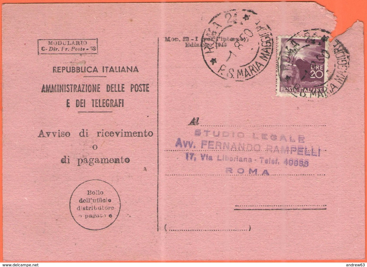 ITALIA - ITALY - ITALIE - 1950 - 20 Democratica - Isolato - Avviso Di Ricevimento - Viaggiata Da Roma Per Roma - 1946-60: Poststempel