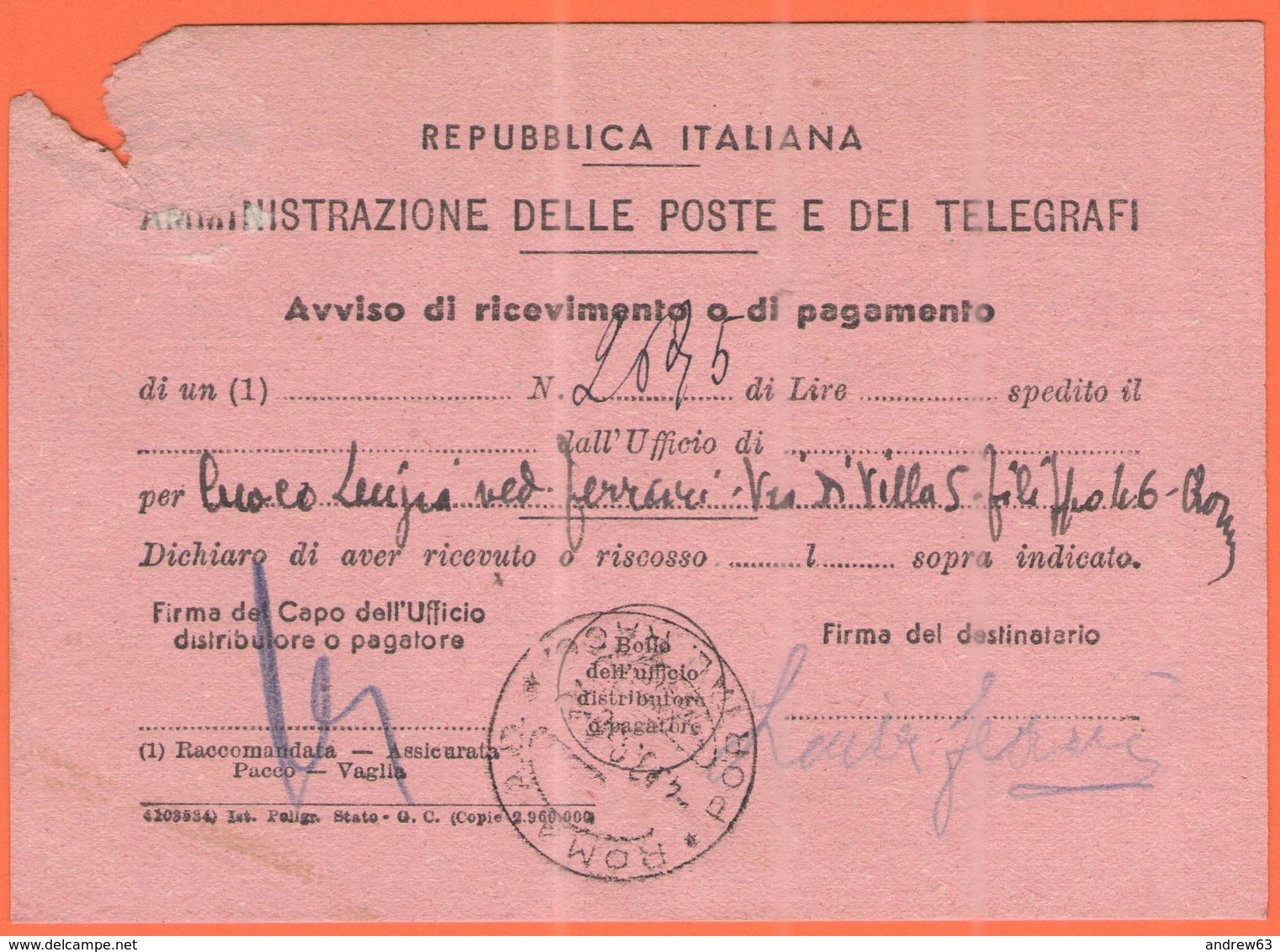 ITALIA - ITALY - ITALIE - 1950 - 20 Democratica - Isolato - Avviso Di Ricevimento - Viaggiata Da Roma Per Roma - 1946-60: Poststempel