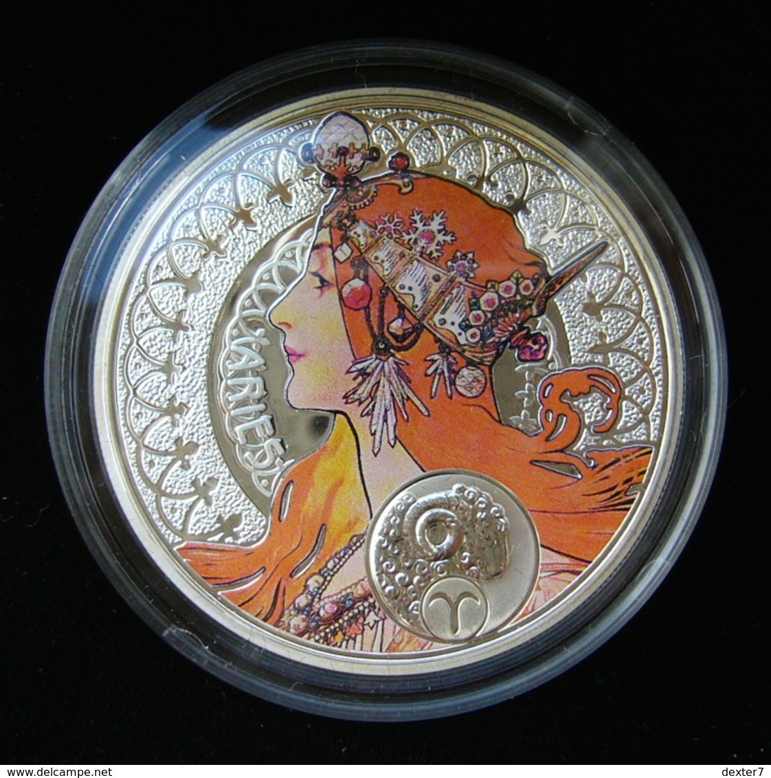 Niue, Mucha Zodiac ARIES 2011 Silver 925 Sterling Box CoA - Zodiaco Segno Zodiacale ARIETE Argento 925 - Niue