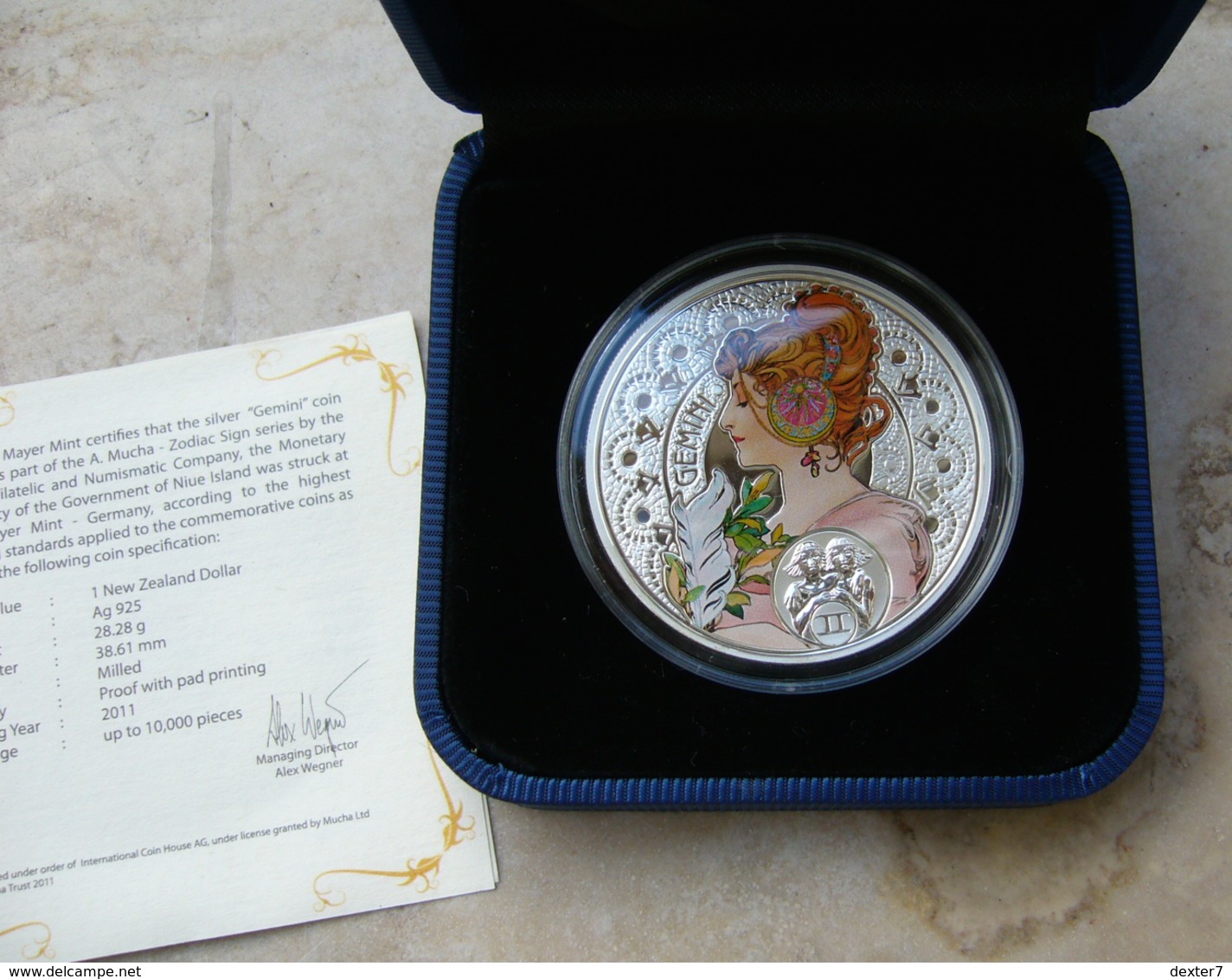 Niue, Mucha Zodiac GEMINI 2011 Silver 925 Sterling Box CoA - Zodiaco Segno Zodiacale GEMELLI Argento 925 - Niue