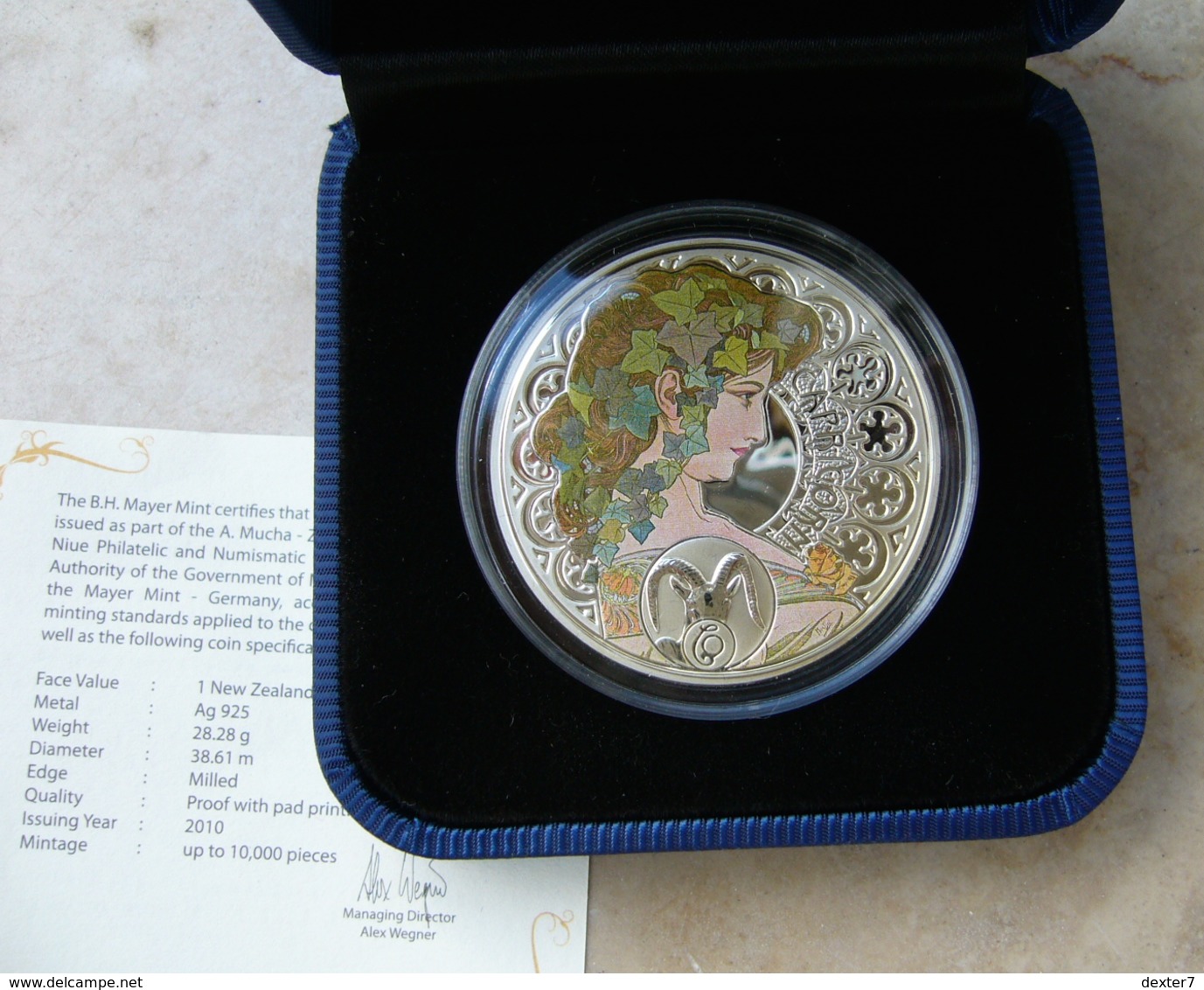 Niue, Mucha Zodiac CAPRICORN 2011 Silver 925 Sterling Box CoA - Zodiaco Segno Zodiacale CAPRICORNO Argento 925 - Niue