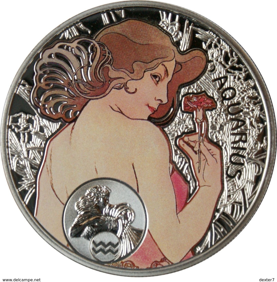 Niue, Mucha Zodiac AQUARIUS 2011 Silver 925 Sterling Box CoA - Zodiaco Segno Zodiacale ACQUARIO Argento 925 - Niue