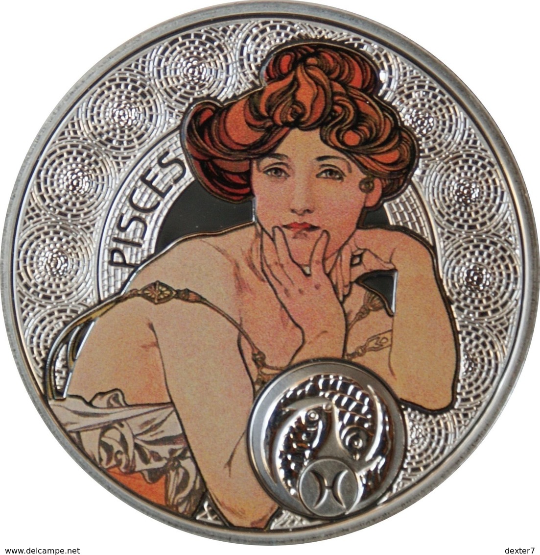 Niue, Mucha Zodiac PISCES 2011 Silver 925 Sterling Box CoA - Zodiaco Segno Zodiacale PESCI Argento 925 - Niue