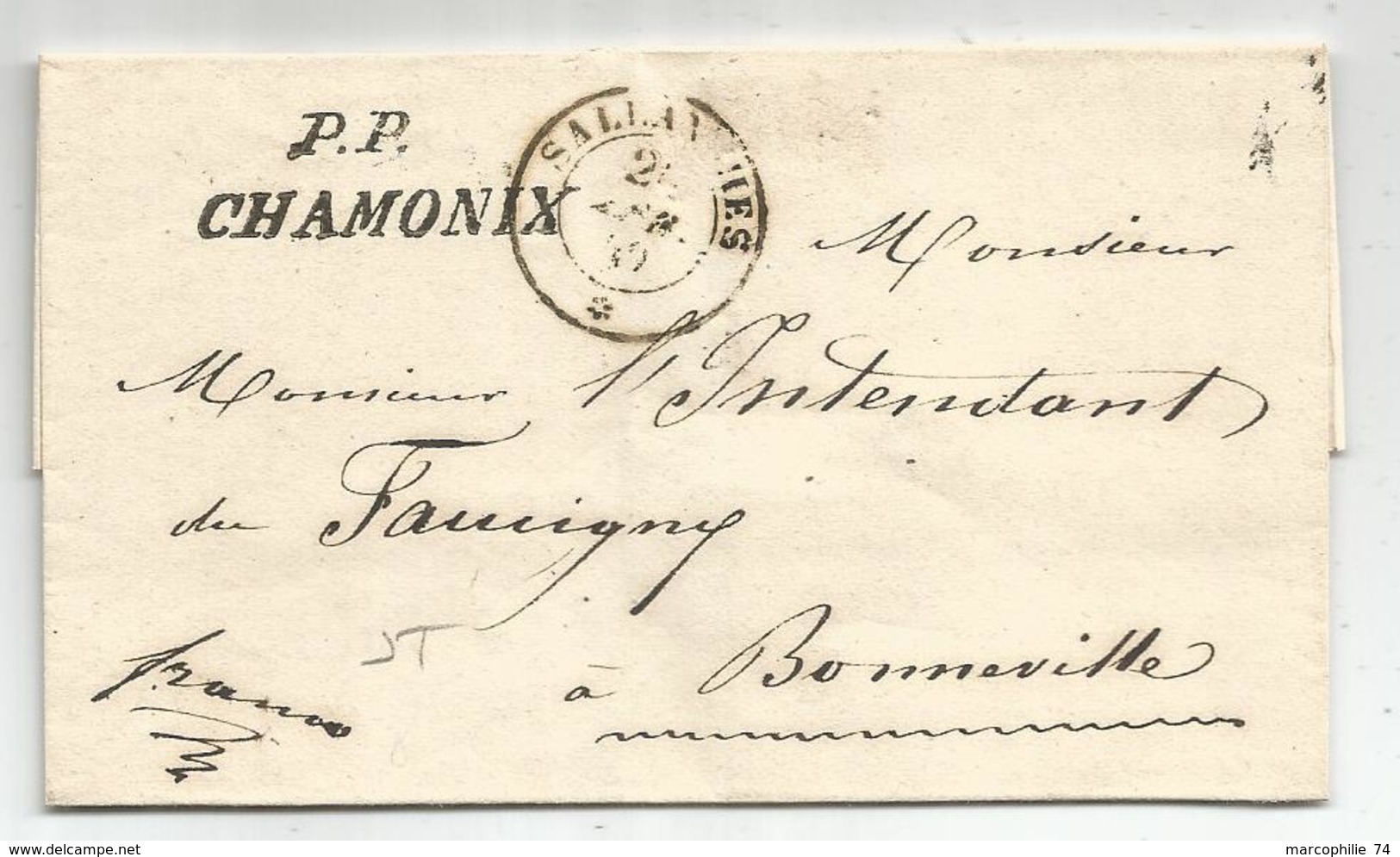 HAUTE SAVOIE CURSIVE SARDE PP CHAMONIX + CACHET SARDE SALLANCHES 1849 LETTRE POUR BONNEVILLE SUPERBE - 1849-1876: Classic Period