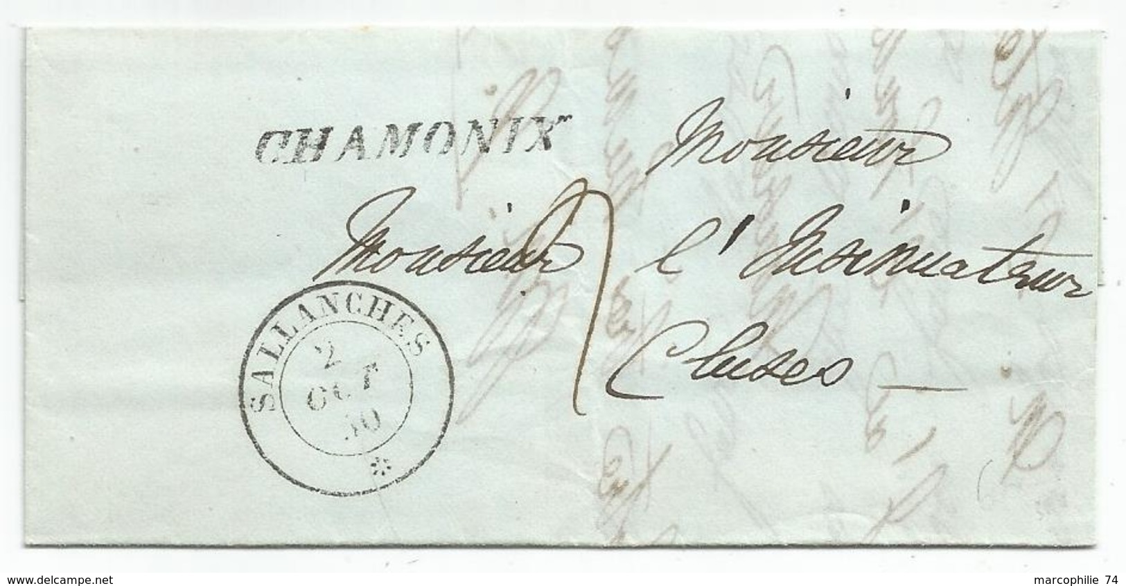 HAUTE SAVOIE CURSIVE SARDE CHAMONIX + CACHET SARDE SALLANCHES 2 OCT 1850  LETTRE POUR CLUSES  SUPERBE - 1849-1876: Classic Period