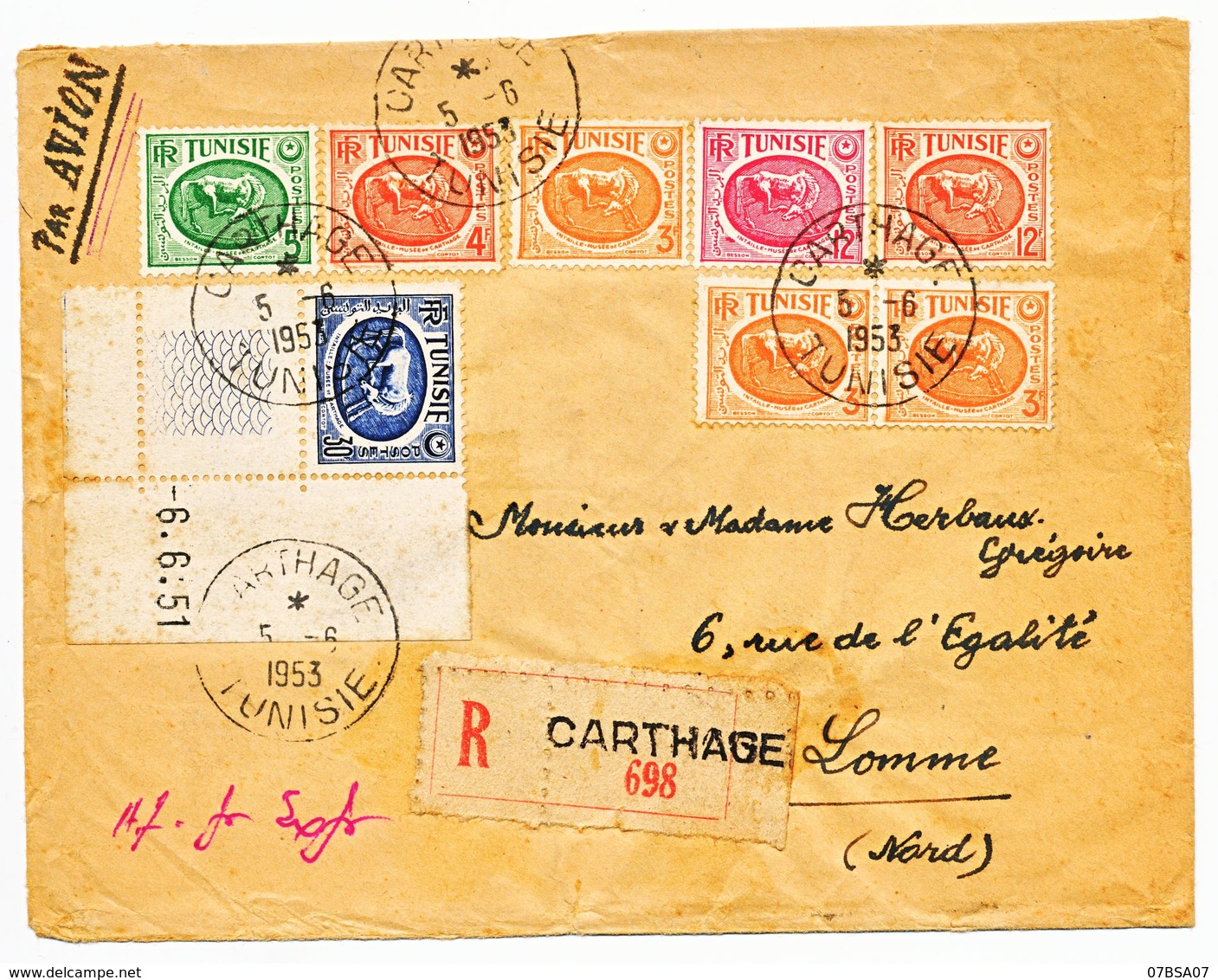 TUNISIE ENV 1953 CARTHAGE SUPERBE AFFRANCHISSEMENT LETTRE RECOMMANDEE AVION => METROPOLE - Lettres & Documents