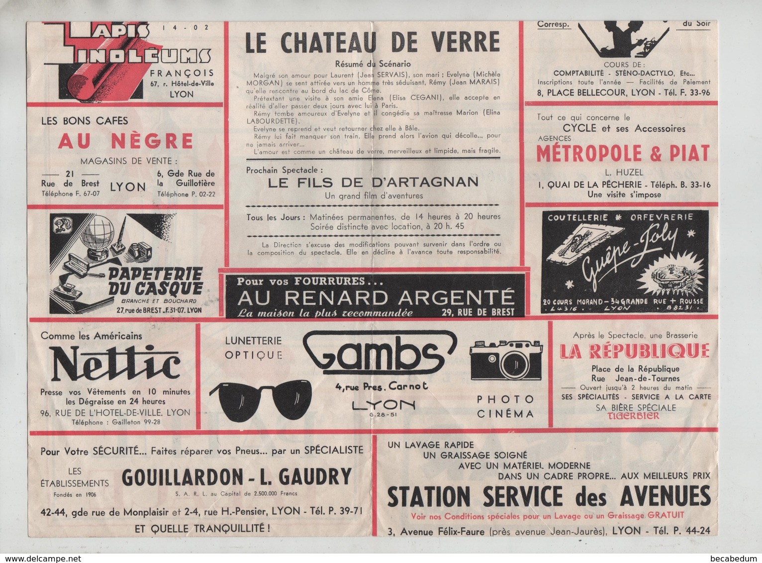 Programme Lyon Pathé Palace 1951 Masures Gambs Gouillardon Déménagements Perche Fernand Buffereau... - Programmes