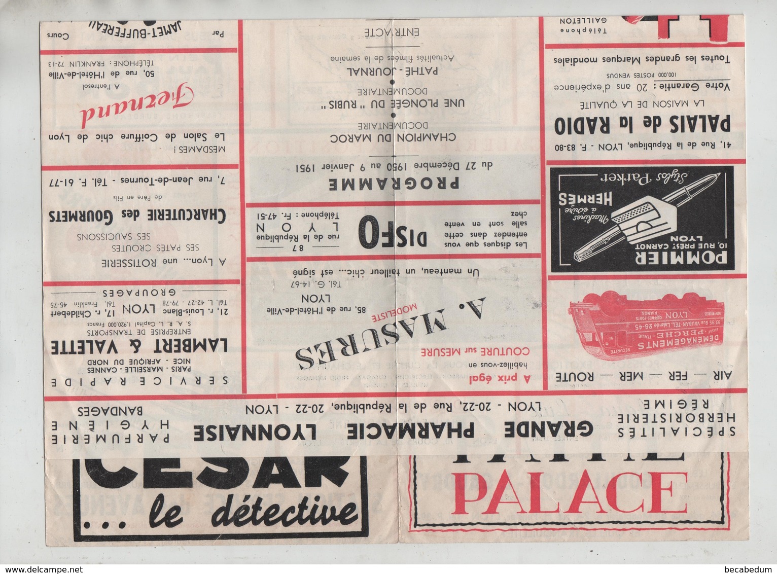 Programme Lyon Pathé Palace 1951 Masures Gambs Gouillardon Déménagements Perche Fernand Buffereau... - Programs
