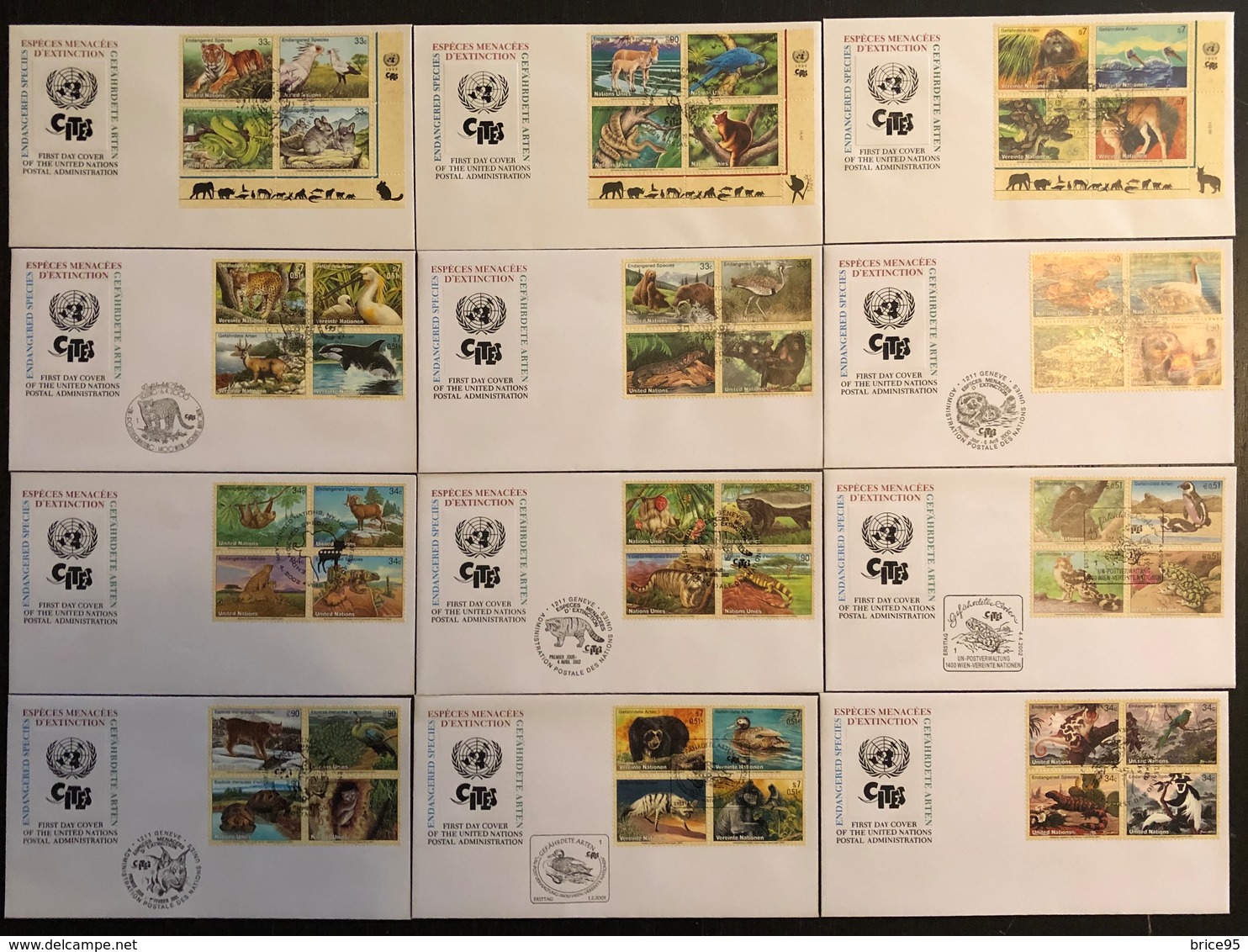 Nations Unies FDC - Premier Jour - Lot De 12 FDC - Thématique Animaux - 2000 A 2002 - Collections, Lots & Séries