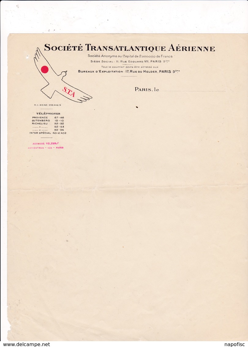 75-Société Transatlantique Aérienne   Paris IX ème - Transports