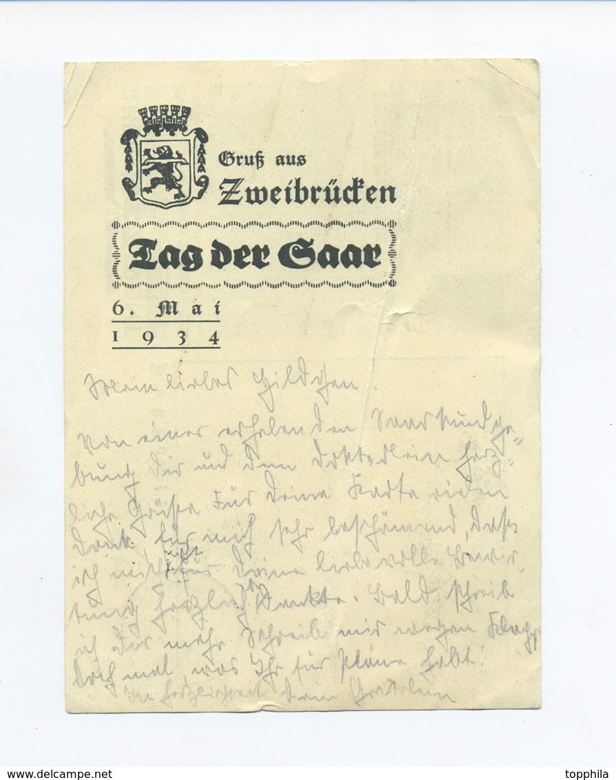 1934 S/W Sonderkarte Gruß Aus Zweibrücken Tag Der Saar Mit Werbung Für Die Rhein NSZ Front - Lettres & Documents