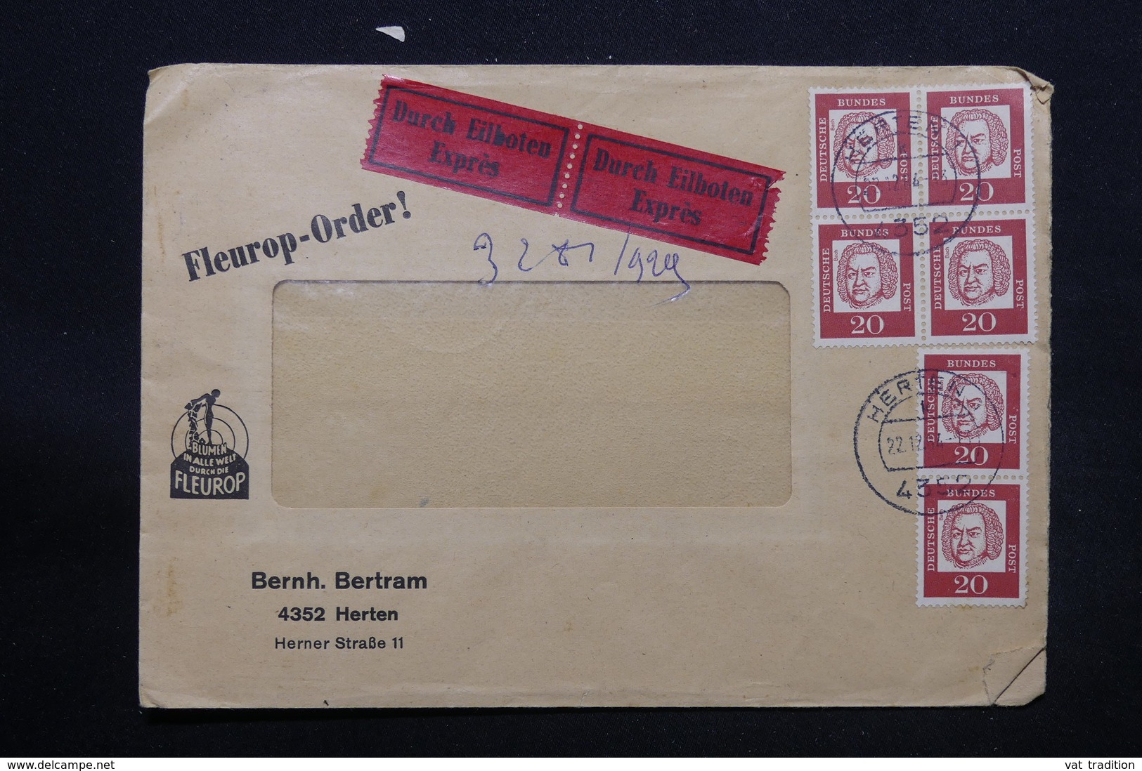 ALLEMAGNE - Enveloppe Commerciale En Exprès De Herten Pour Bruxelles En 1964 - L 28250 - Cartas & Documentos