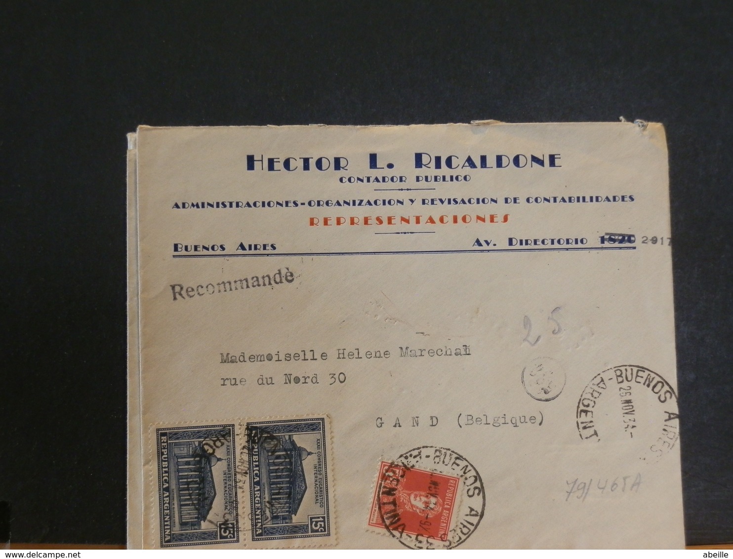 79/465A   LETTRE   ARGENTINA  POUR LA BELG. RECOMM.  1934 - Storia Postale