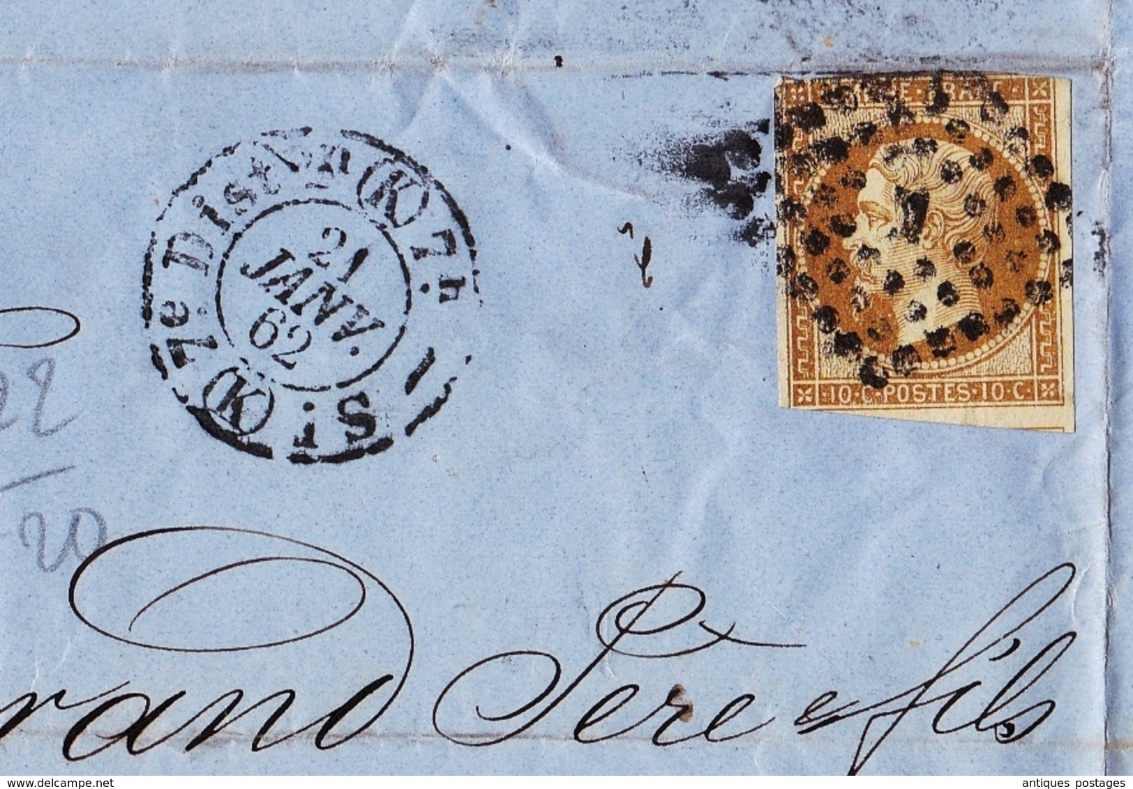 Lettre 1862 Paris Timbre Napoléon III 10 Centime Desgrand Père Et Fils 31 Rue De L'Entrepôt - 1853-1860 Napoléon III.