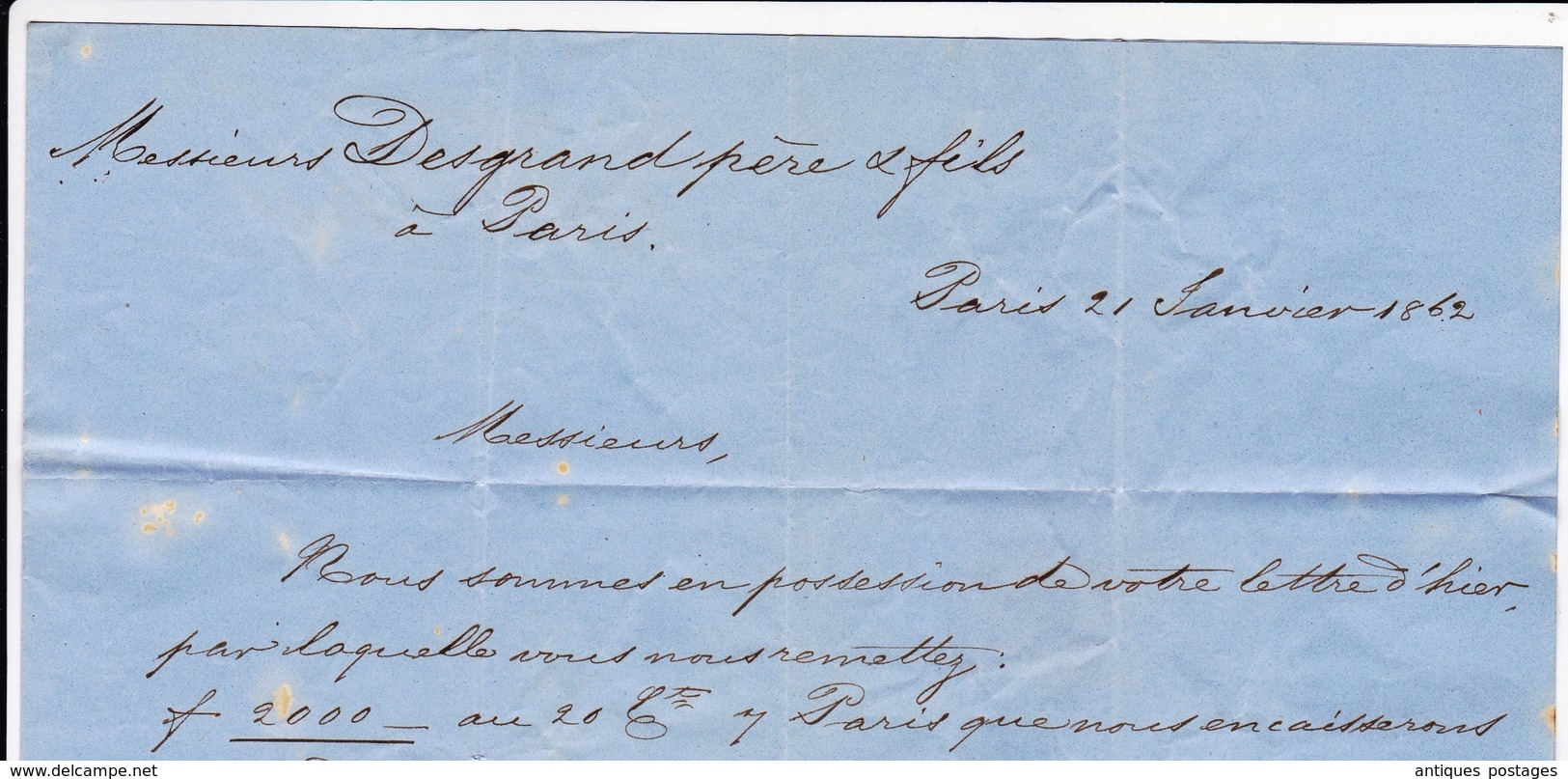 Lettre 1862 Paris Timbre Napoléon III 10 Centime Desgrand Père et Fils 31 rue de l'Entrepôt