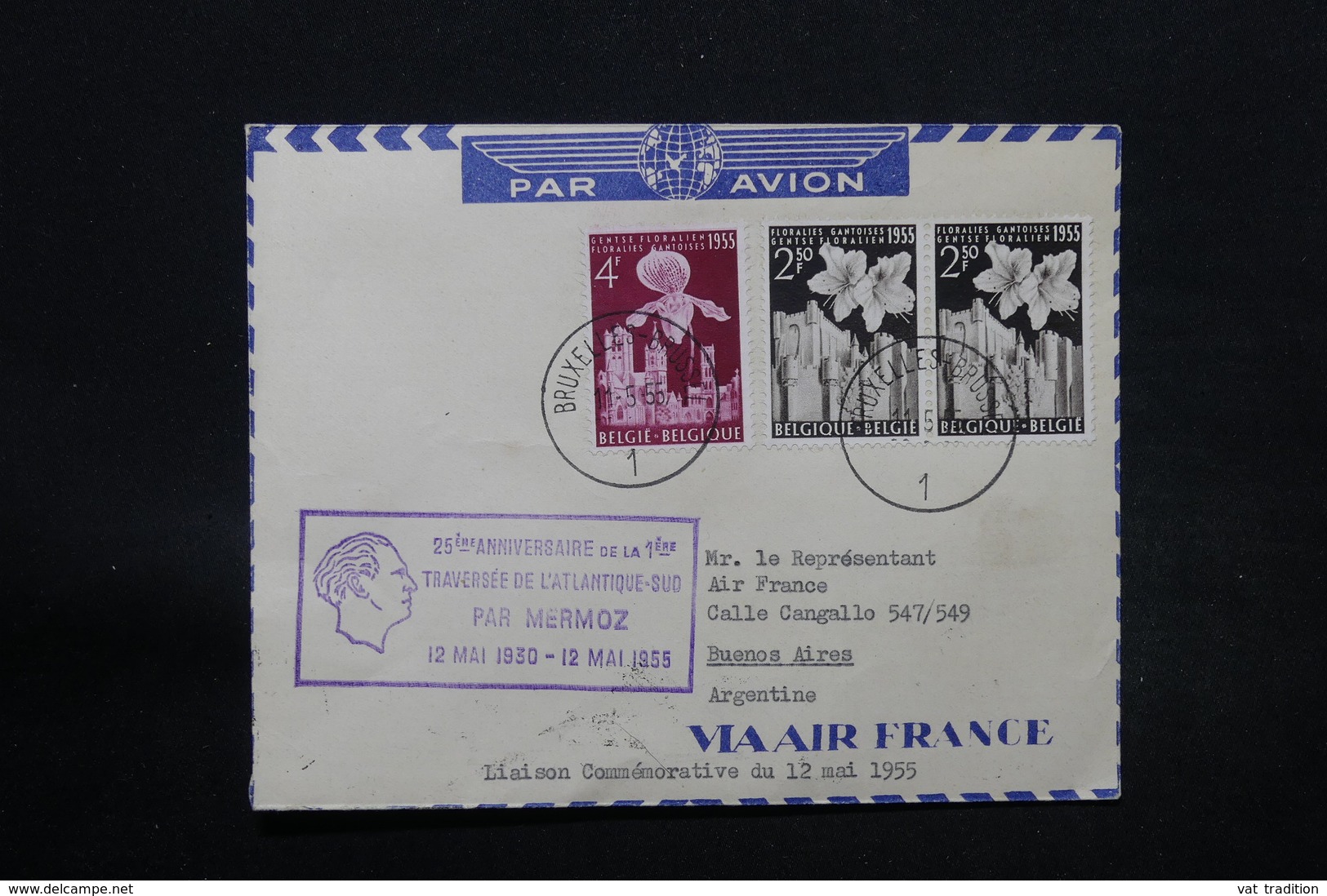 BELGIQUE - Enveloppe De Bruxelles Pour Buenos Aires En 1955 , Cachet Mermoz , Affranchissement Plaisant - L 28265 - Covers & Documents