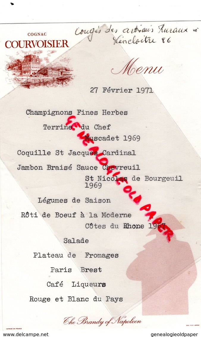 86- LENCLOITRE- MENU CONGRES DES ARTISANS RURAUX-COGNAC COURVOISIER-THE BRANDY OF NAPOLEON-IMPRIMERIE BRU FILS JARNAC - Menus