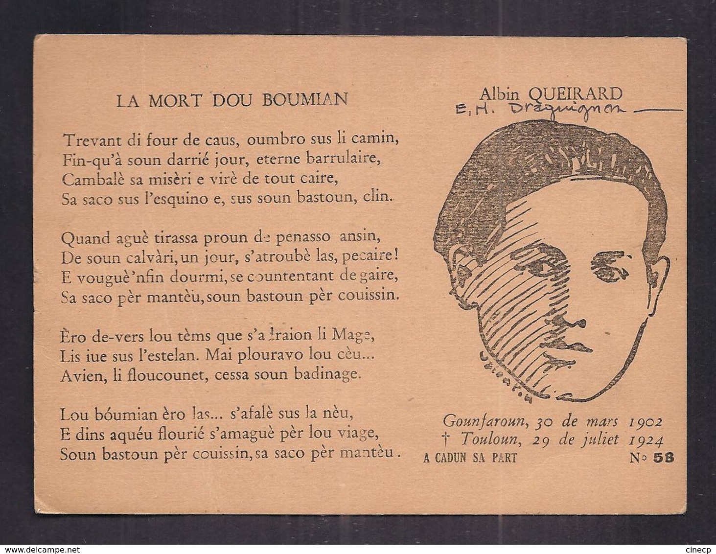 CPSM 83 - PROVENCE - LA MORT DOU BOUMIAN - Albin QUEIRARD TB Poème + DESSIN PORTRAIT FELIBRIGE ? - Autres & Non Classés