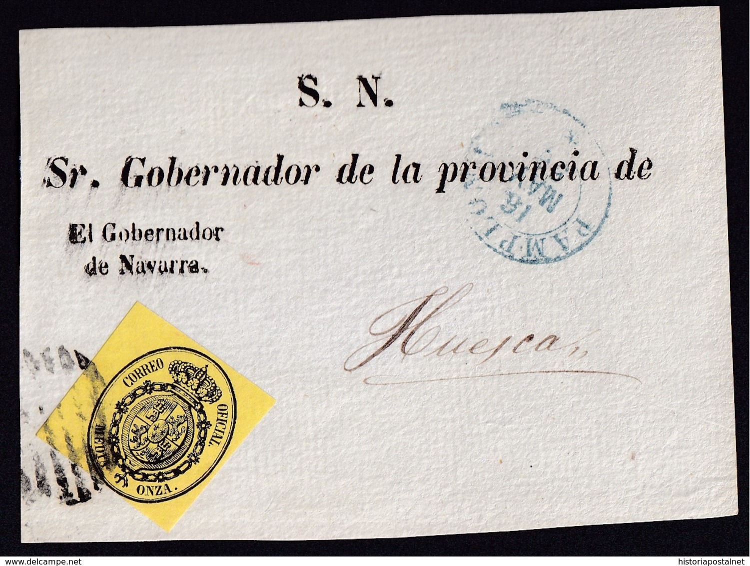 1856. PAMPLONA A HUESCA. FRONTAL SERVICIO OFICIAL MEDIA ONZA AMARILLO Nº 35 BORDE IZQ. DE HOJA. FECHADOR AZUL TIPO I. - Cartas & Documentos