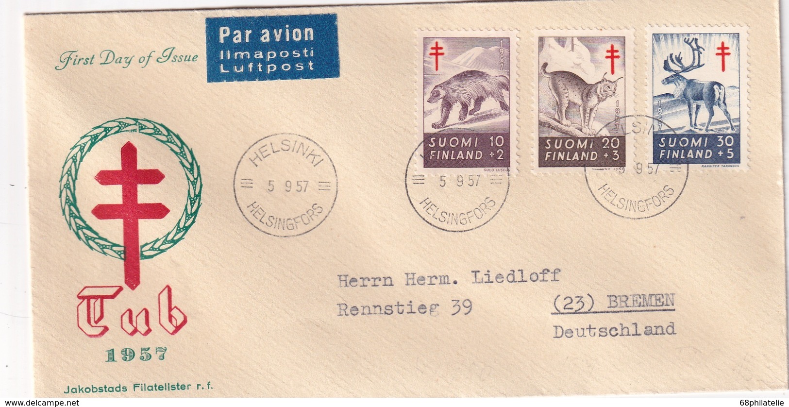 FINLANDE 1957 FDC DE HELSINKI PAR AVION - FDC