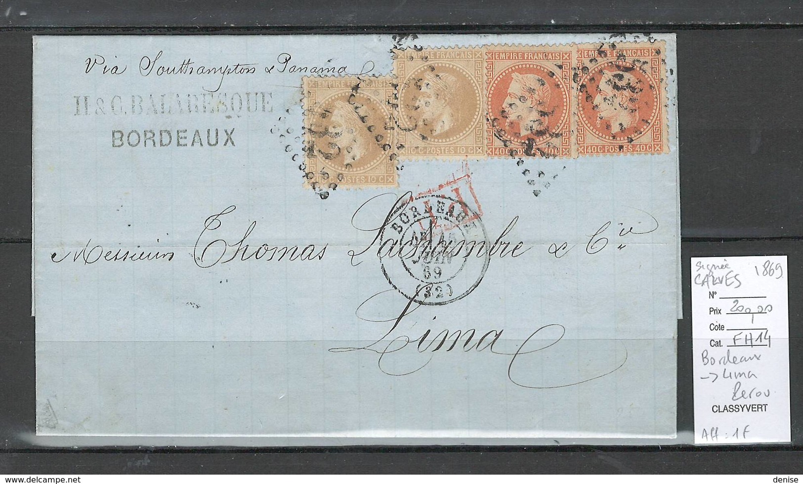 Lettre - Bordeaux à LIMA - Pérou  Via Panama  - SIGNE CALVES -1869 - 1849-1876: Période Classique