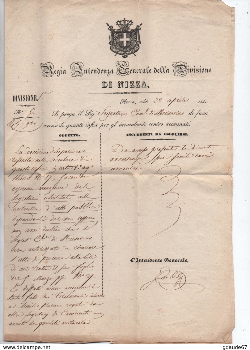 COMTE DE NICE - 1841 - LETTRE FRANCHISE -> CACHET De L'INTENDENTE GENERALE De La REGIA INTENDENZA DELLA DIVISIONE NIZZA - 1801-1848: Precursors XIX