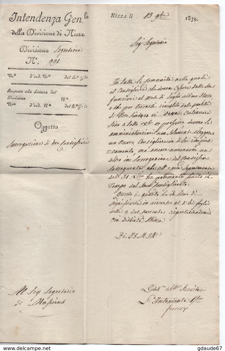 COMTE DE NICE - 1835 - LETTRE FRANCHISE -> CACHET De L'INTENDENTE GENERALE De La REGIA INTENDENZA DELLA DIVISIONE NIZZA - 1801-1848: Precursors XIX