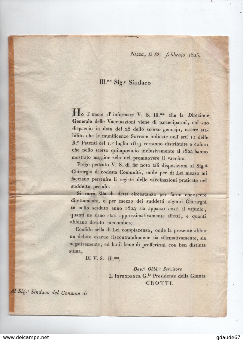 COMTE DE NICE - 1825 - LETTRE FRANCHISE -> CACHET De L'INTENDENTE PRESIDENTE DELLA GIUNTA CROTTI - 1801-1848: Precursors XIX