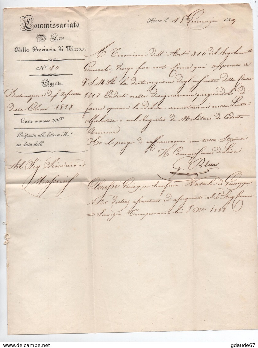 COMTE DE NICE - 1839 - LETTRE EN FRANCHISE Du COMMISSARIATO DI LEVA DELLA PROVINCIA DI NIZZA - 1801-1848: Precursors XIX