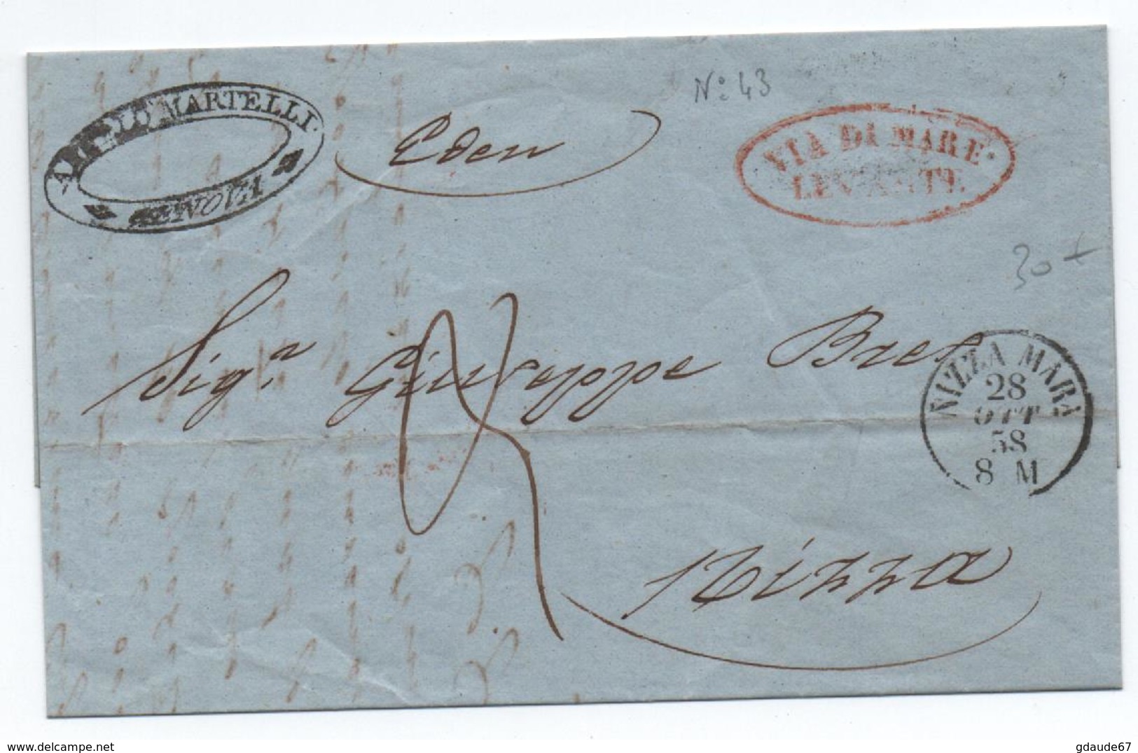 1858 - LETTRE De GENOVA  Avec CACHET ROUGE : VIA DI MARE LEVANTE Pour NICE - TàD NIZZA MARa - 1849-1876: Classic Period