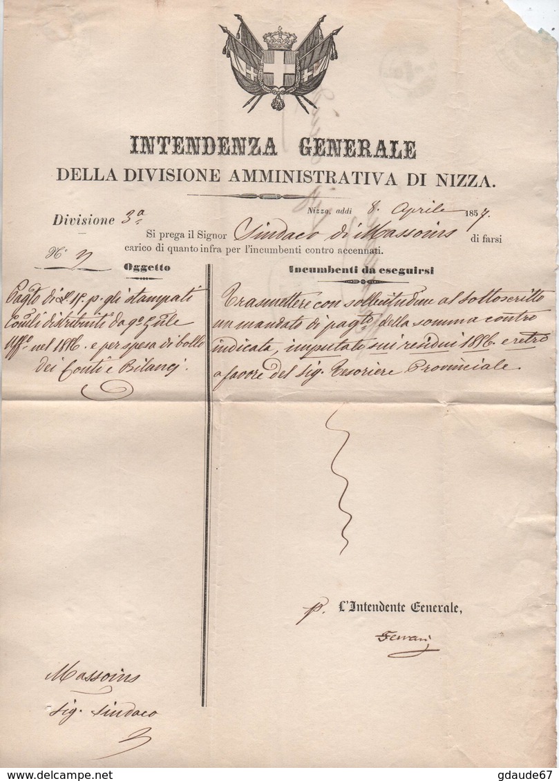 1857 - LETTRE EN FRANCHISE De L'INTENDENTE GENERALE DI NIZZA (COMTE DE NICE) - 1849-1876: Classic Period