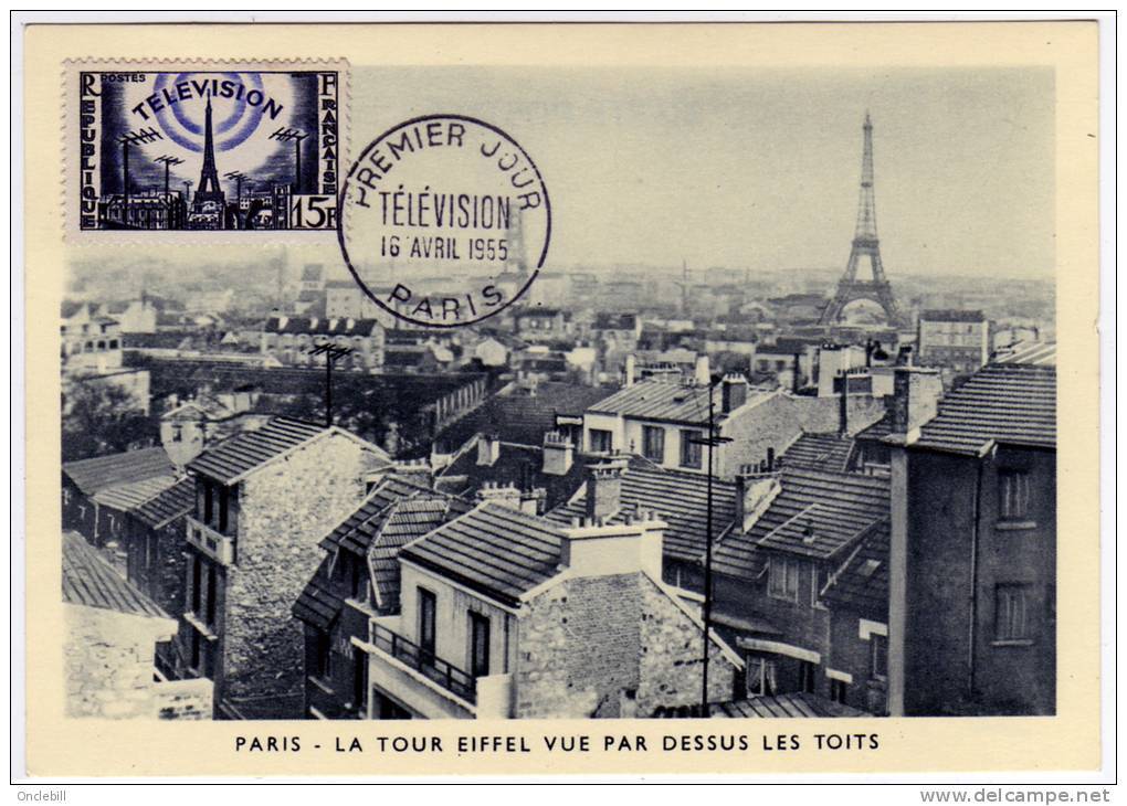 Paris  Tour Eiffel Télévison Toits Paris Carte Maximum YT 1022 Oblitération 16 Avril 1955 état Superbe - 1950-1959