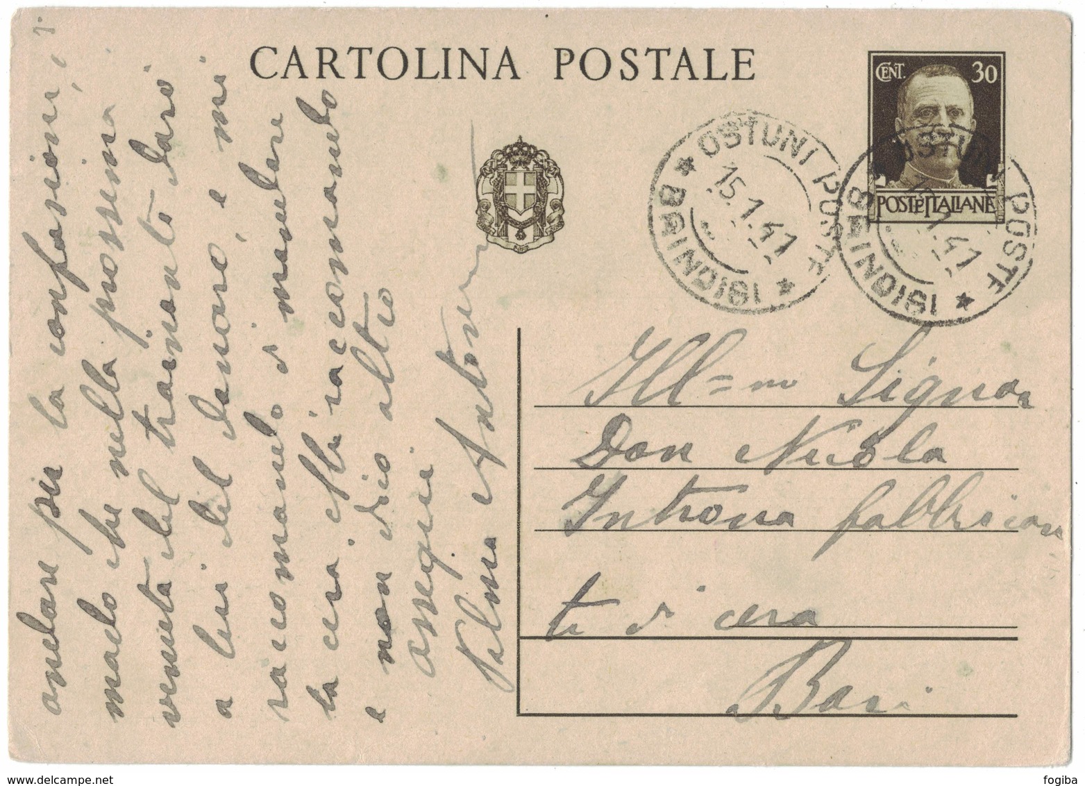 AN162   Regno 1941 Cartolina Postale Da Ostuni Per Bari - Storia Postale