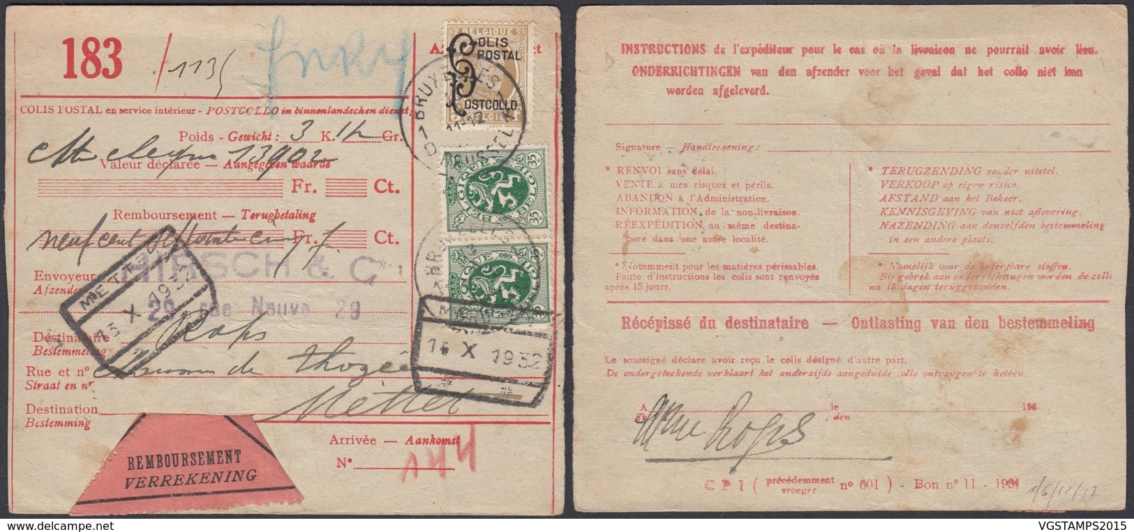 Belgique - Nº283(2) -CF Nº169 Obl Bxl Sur Récépisé De Colis Postal Vers Mettet 13/10/32 Affr.Mixte Et CF  (DD) DC2935 - Autres & Non Classés