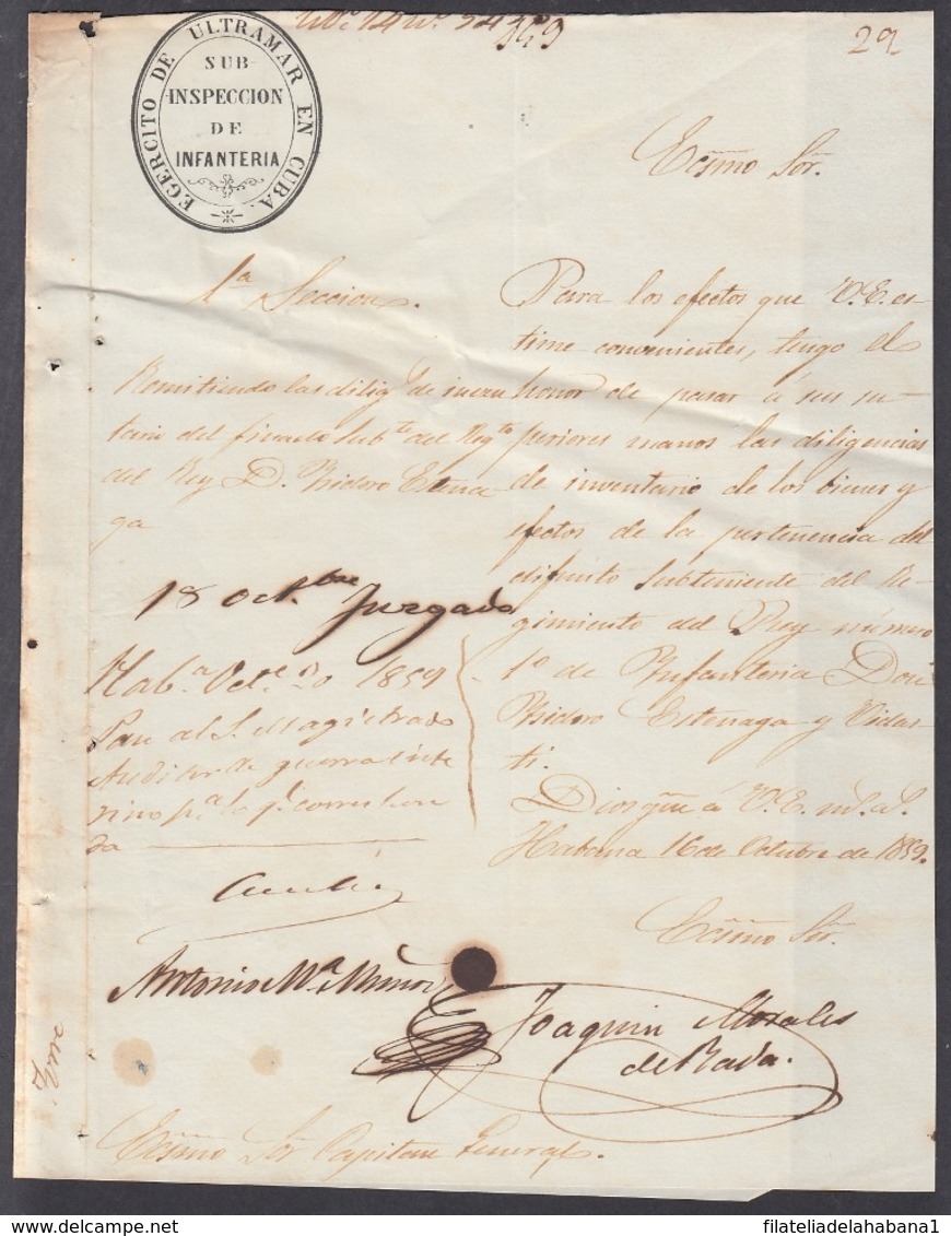 E6260 CUBA SPAIN 1859 MILITAR DOC EJERCITO DE CUBA. SUB INSPECCION DE INFANTERIA. - Documentos Históricos