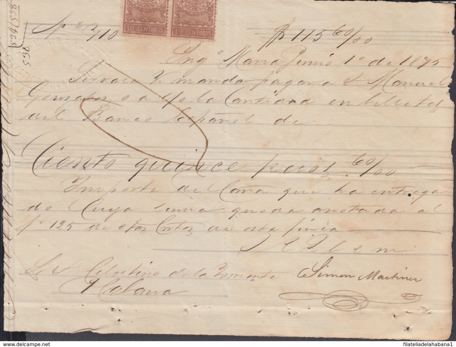 E6274 CUBA SPAIN 1875 INGENIO MARIA SUGAR MILLS INVOICE GIROS REVENUE - Documentos Históricos