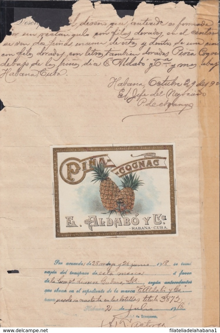 E6275 CUBA 1918 DOC REGISTRO DE MARCAS Y PATENTES. ALDABO COGNAC PIÑA. - Documentos Históricos