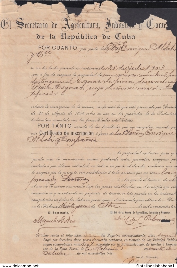 E6275 CUBA 1918 DOC REGISTRO DE MARCAS Y PATENTES. ALDABO COGNAC PIÑA. - Documentos Históricos