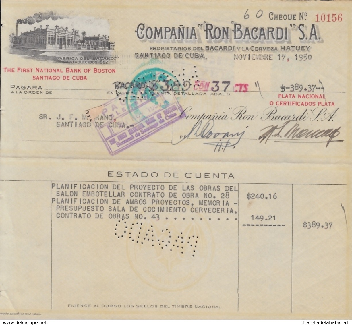E6277 CUBA 1950 COMPAÑIA RON BACARDI INVOICE + REVENUE TIMBRE . - Historical Documents