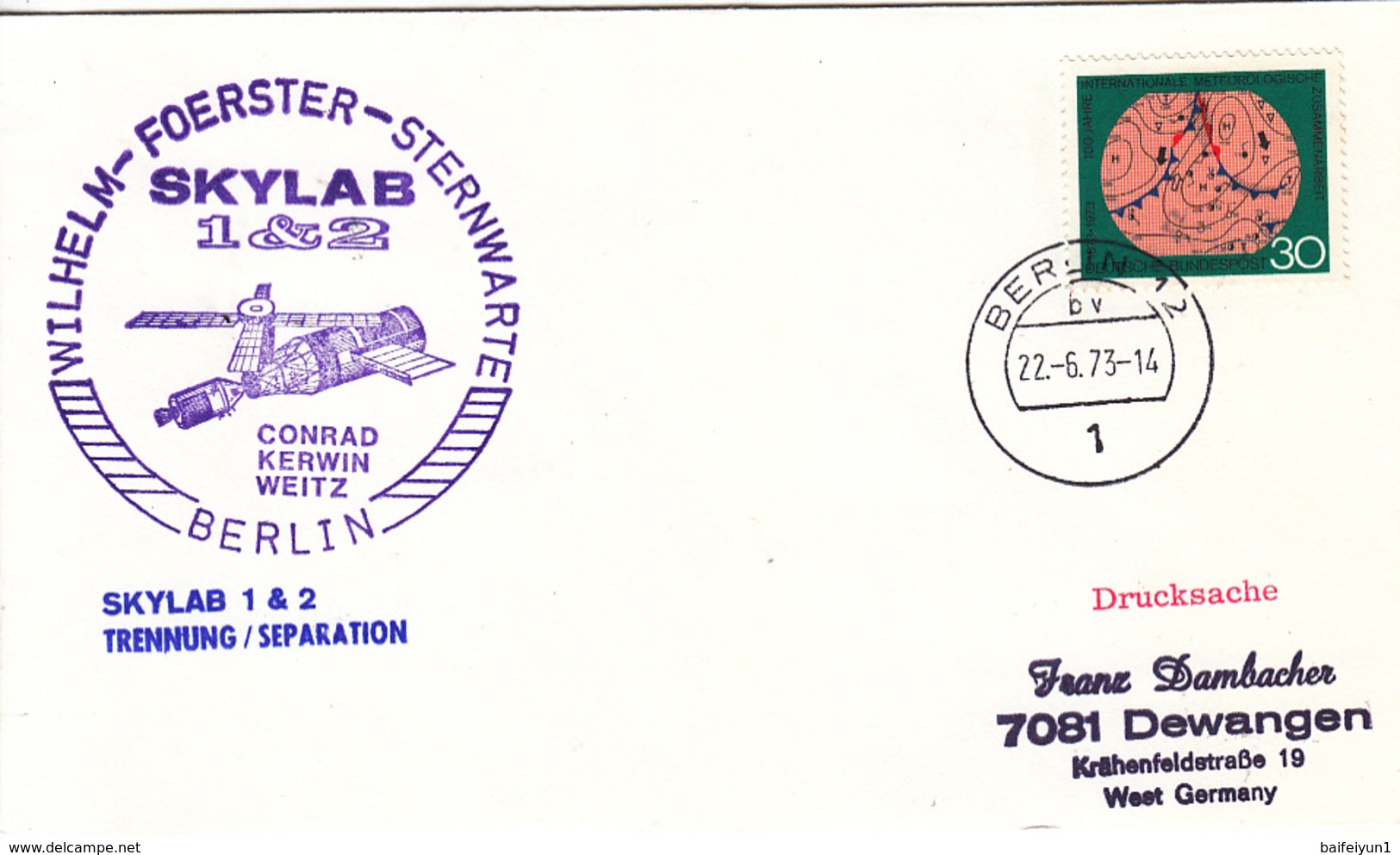 1973 German  Space Station SKYLAB-1&2 Mission Separation  Commemorative Cover - North  America