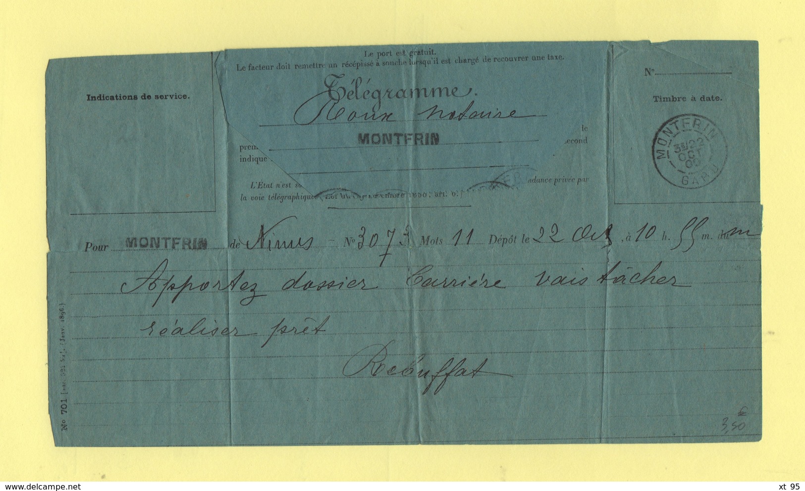 Telegramme - Montfrin Gard - 22 Octobre 1900 - 1877-1920: Periodo Semi Moderno