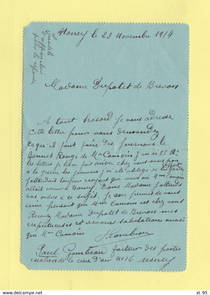 Franchise Poste Et Telegraphe (manuscrit) Decret Du 6 Septembre 1914 - Courrier D Un Facteur De Nancy - 23 Nov 1914 - 1877-1920: Periodo Semi Moderno