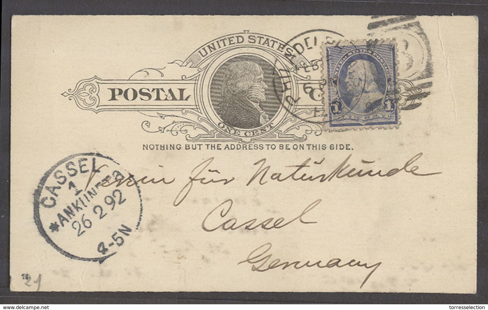 USA - Stationery. 1892 (15 Feb). Philadelphia - Germany, Cassel (26 Feb). 1c Black Stat Card 1c Adtl Tied Cds. Fine Reve - Other & Unclassified