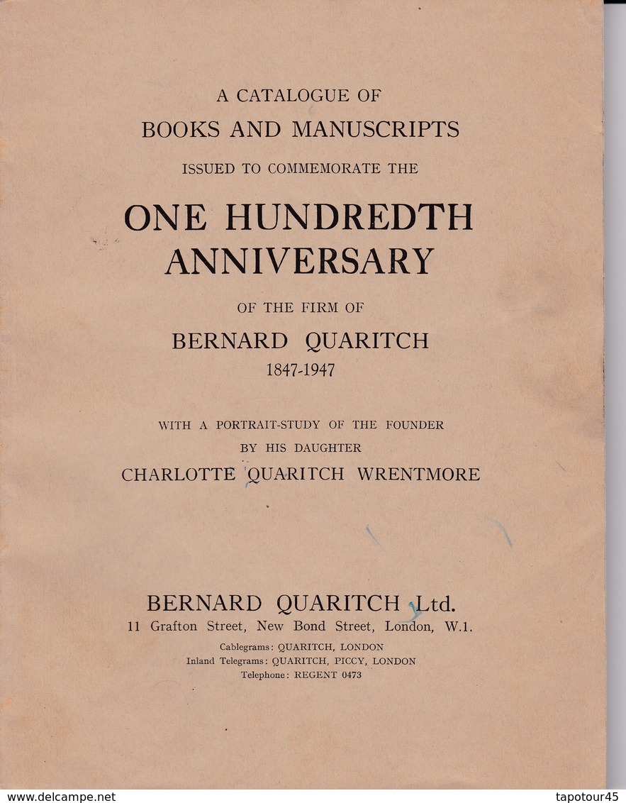 (C 3) Catalogue Of Books And Manuscripts   "Bernard Quaritch" 1847/1947 - 1950-Heute