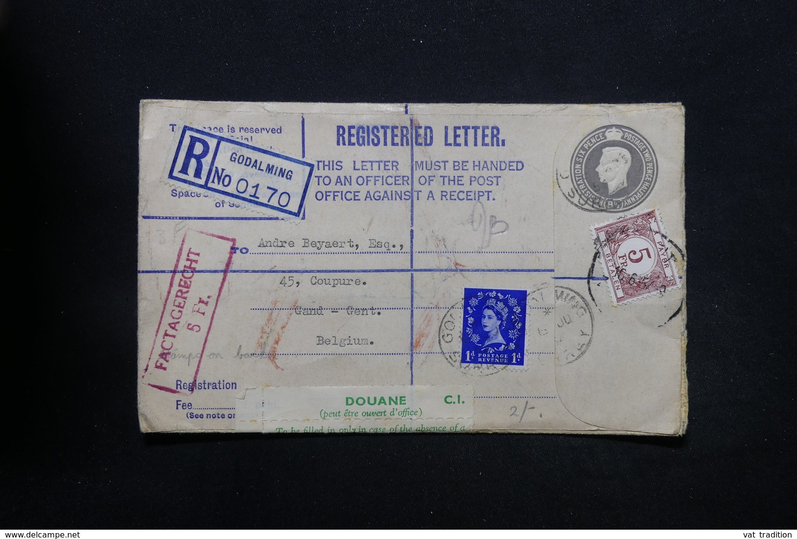 BELGIQUE - Taxe De Gent Sur Entier Postal En Recommandé De Godalming En 1954 - L 28311 - Briefe U. Dokumente