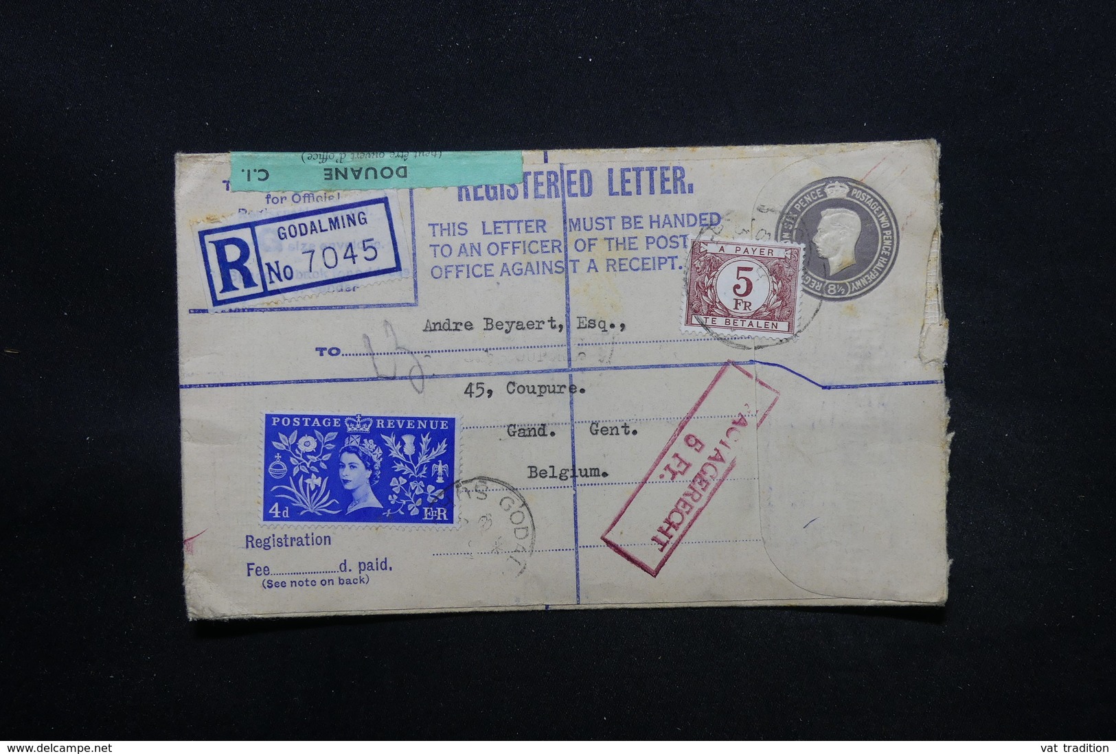 BELGIQUE - Taxe De Gent Sur Entier Postal En Recommandé De Godalming En 1954 - L 28312 - Covers & Documents