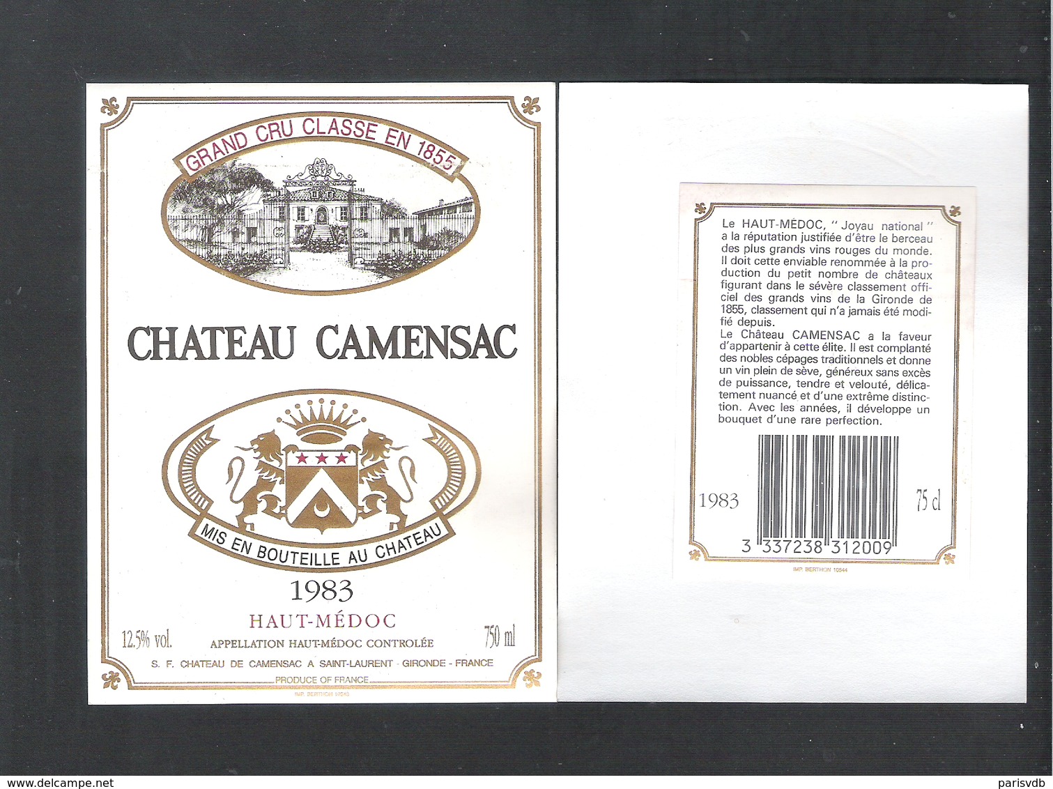 CHATEAU  CAMENSAC - HAUT-MEDOC - GRAND CRU CLASSE EN 1855  - 1983 -  WIJNETIKET  (VE 061) - Bordeaux