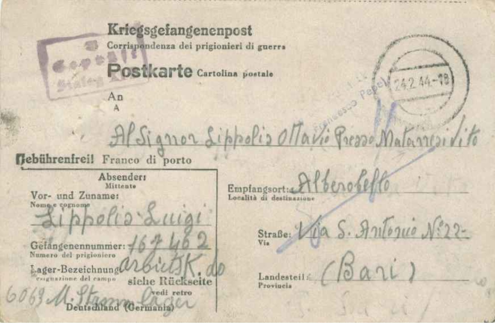 Italy P.O.W. Free Mail 1944 [Stalag XI B - Fallingbostel] Mute Cancel P.O.W. Postcard To Alberobello, Bari, Italy.... - Briefe U. Dokumente