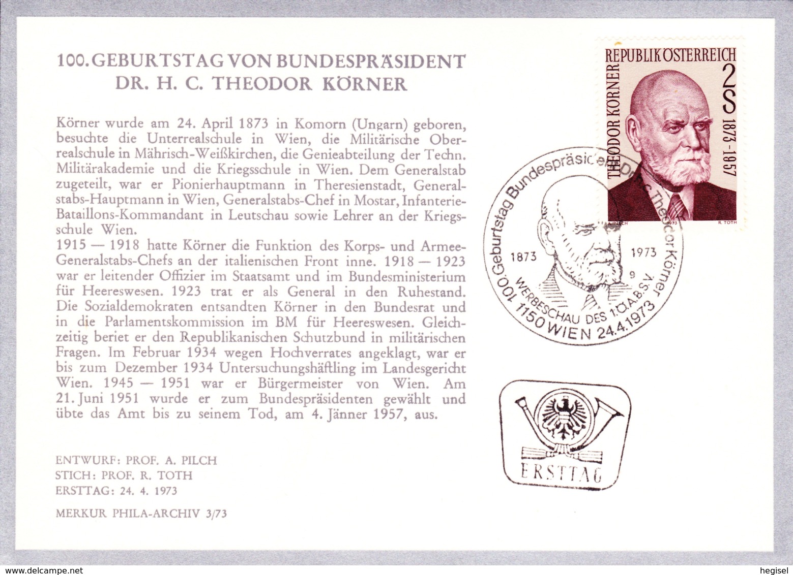 1973  100. Geb. Dr. Körner FDC Karte  (ANK 1442, Mi 1412) - FDC